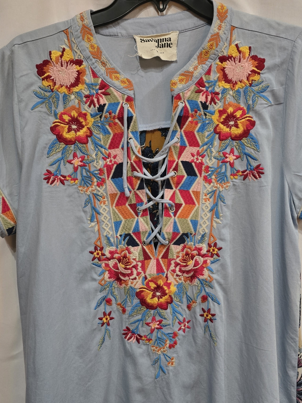 Savanna Jane Blue Blouse, Intricate Floral Embroidery, Lace-up Neckline M EUC - Picture 3 of 6